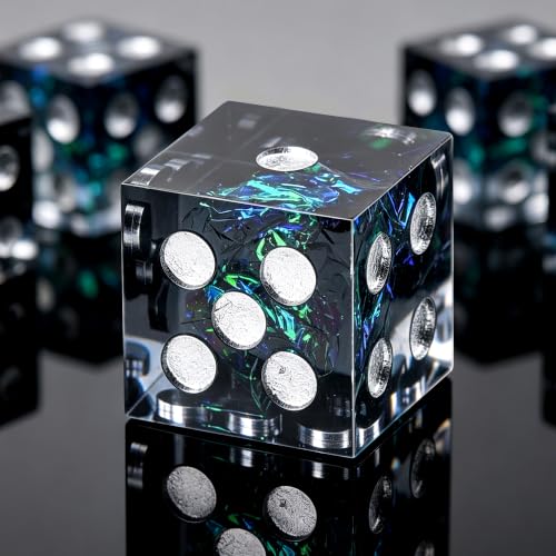 AUSTOR 6 Sided Dice 16mm, 6 Pcs D6 Dice Handmade Sharp Edge Resin Dices Set | Resin Dice 6 Sided, Non-toxic, for DND Tenzi Farkle Yahtzee, with Metal Case - color: Dark Star Silver