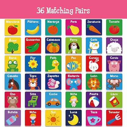 Hebayy Spanish Memory Matching Game, 72 PCS First Words Matching Cards for Toddlers, 36 Pairs Memory Cards Educational Toys Preschool Spanish Learning Activities for 4 5 6 Years Old - style: Cartoon Animals (Spanish version)