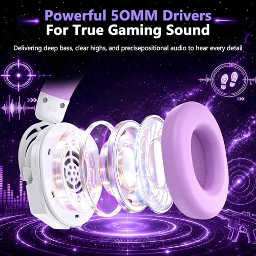 K98 Wired RGB Gaming Headset with Mic, Over Ear Gaming Headphones, 50mm Neodymium Drivers, Noise Isolating Microphone, Memory Foam Cushions, Aluminum Alloy Frame for PC, PS5, PS4, Xbox, Switch - color: White/Purple RGB