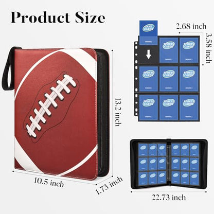 Fabmaker 9 Pocket Card Binder, PU Cover Trading Card Binder Holds 756 Cards | Premium 3 Ring Zipper Card Binder, Portable Baseball Card Binder, Collection Album for Game & Sport Cards, Football Style - color: Football Style