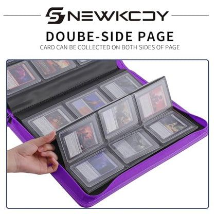 Snekdy Top loader Binder, 9 Pockets Top Loader，Holds 360 Top Loaders cards, Card binder with Sleeves for card in 3 x 4 inches color smooth Zipper PU Leather (Purple) - color: Purple