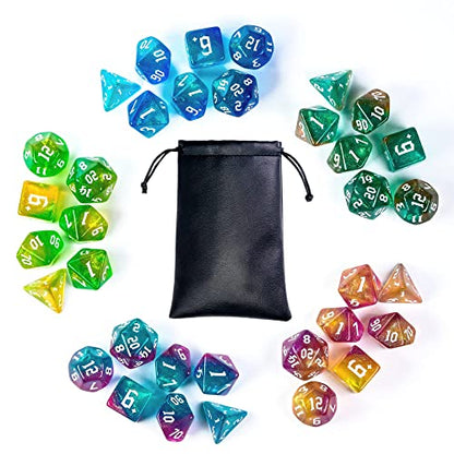 5 Sets DND Dice, Polyhedral Dice Set (35pcs) with Leather Die Bag, D&D Die Set for RPG Table Games (Sickle Font Double Color Glitter Series). - color: 5 Sets Sickle Font Glitter