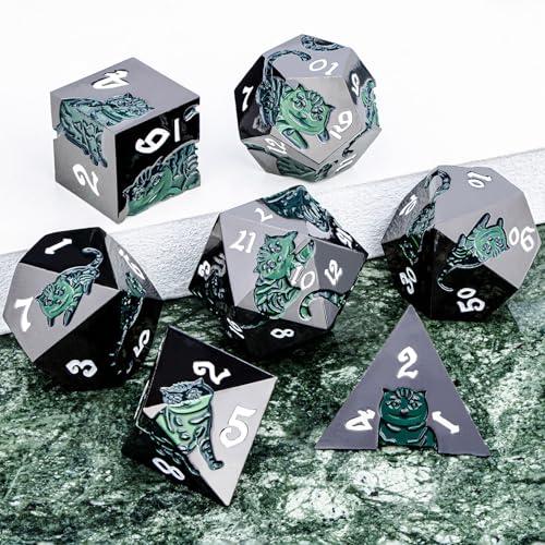 Metal DND Cat Dice 7PCS Polyhedral RPG Dice Set with Gift Case for Dungeons Dragons Role Playing Game, D and D Dice D6 D8 D10 D12 D20 D% (Green Black) - color: Cat-black Green