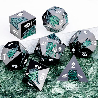 Metal DND Cat Dice 7PCS Polyhedral RPG Dice Set with Gift Case for Dungeons Dragons Role Playing Game, D and D Dice D6 D8 D10 D12 D20 D% (Green Black) - color: Cat-black Green