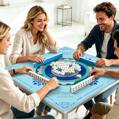 Mahjong Mat for Table with Rules, 31.5" x 31.5" Noise Reduction Non Slip Waterproof Mah Jong Table Mat with Carrying Bag, Suitable for Mahjong, Poker, Board Games, Dominoes, and Card Games(Blue) - color: Blue