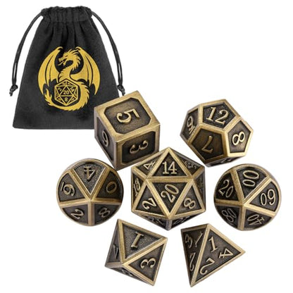 Metal Dice Set, 7pcs Polyhedral Metal DND Dice Set, DND Starter Set, D&D Gifts with Gift Bag, Role Playing Board Games Accessories, Bronze - color: Bronze + Gift Bag