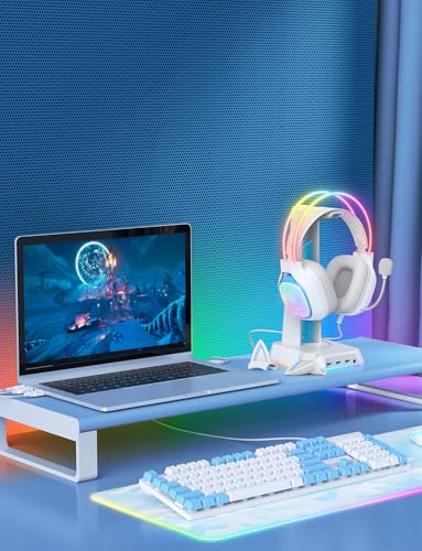 Gaming Headset with Microphone, RGB Lights, Detachable Cat Ear, Lightweight Over-Ear Headphones with Adjustable Headband for PC, PS4, PS5, Mac, Switch, Surround Sound, in-Line Control, White - color: White