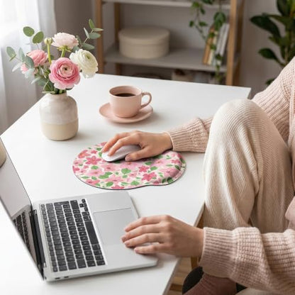 KONVINIT Ergonomic Mouse Pad with Wrist Rest, Small Mousepad with Non-Slip Rubber Base and Smooth Surface, Pink Floral Mouse Pads for Desk, Office Desk Accessories - color: Pink Flowers