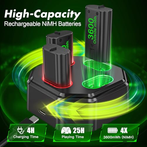 4 Pack Rechargeable Battery Pack Compatible with Xbox Series S/X,Charger Dock with 4 x 3600mWh NiMH Controller Battery Pack for Xbox One Wireless Controller - color: Green
