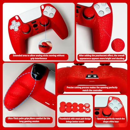 Red Glitter Silicone Protective Case for PS5 Controller, Sparkly Bling Soft Cover Skins, Includes 8-in-1 Glitter Thumb Grip Caps + 2 Cat Paw Caps – Shockproof Dustproof Anti-Slip - color: Red