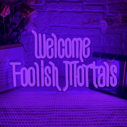 Welcome Foolish Mortals Neon Sign,Dimmable Spooky Gothic Purple Haunted Mansion Coffin LED Neon Signs for Wall Decor,USB Powered Led Neon Light for Haunted House Man Cave Halloween Party Birthday Gifts - color: Purple