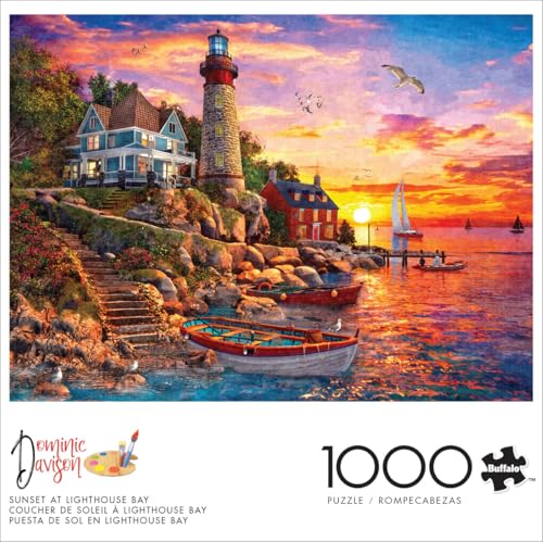 Buffalo Games - Sunset at Lighthouse Bay - 1000 Piece Puzzle for Adults | Art by Dominic Davison, Made in USA, Recycled Board, Finished Size 26.75 x 19.75 in, Includes Poster, Frameable Art, Giftable