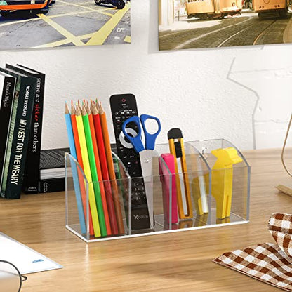 Acrylic Pen Holder Organizer 4 Compartments, Clear Makeup Brush Holder, No Drill Wall Mounting Pencil Holder for Office Accessories - size: 4 Compartments