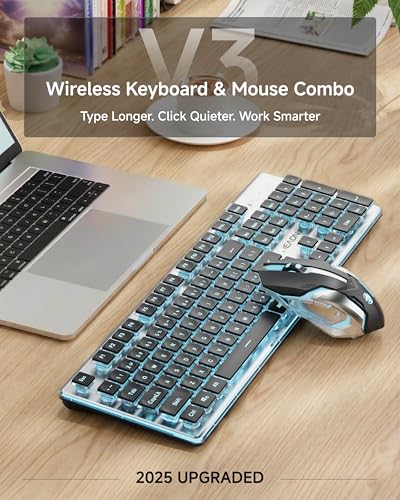 Wireless Keyboard and Mouse Combo with White Backlit Pudding Keycaps, Bluetooth & 2.4G, 2000mAh Rechargeable, Full Size, Metal Panel Quiet Computer Keyboard Set for Windows PC Desktop - Black - color: Black