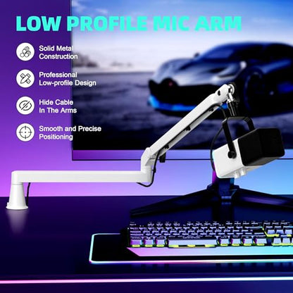 Low Profile Mic Arm Microphone Boom Arm Professional Adjustable with 15cm Riser Solid Desk Mount Clamp Cable Management Microphone Holder Stand for Podcast Streaming Gaming Mic Stand White - color: white