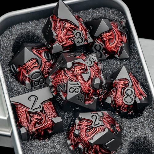 Roycevon Relief Dragon DND Dice Set for Role Playing Game, 7Pcs Metal D&D Dice Set Dungeons Dragons with Gift Box, Polyhedral D and D Dice D20 D12 D10 D8 D6 D4, Red and Black - color: Red