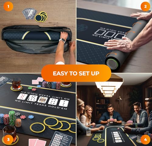Newverest Poker Table Top 70" x 35", Texas Hold'em Poker Mat for Home Game Nights Up to 10 Players, Casino| Poker Topper Cloth for Tables in Zipper Storage Bag with 8 Coasters in Poker Gift-Ready Box - color: Black