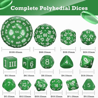 Civaner 15 Pcs Complete Polyhedral Dice Set D3-D100 Spherical RPG Dice Set in Opaque Black, 100 Sides for Role Playing Table Games Party Supplies(Green and White) - color: Green and White
