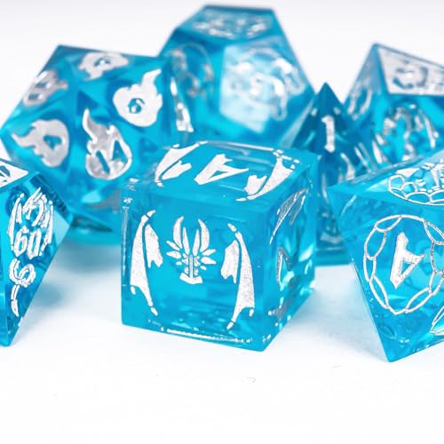 Cusdie 7-Piece Sharp Edges DND Dice Set with Dragon Pattern - Perfect for Tabletop RPGs Board Games Gifting and Collecting(Transparent Blue/Silver Number) - color: Dragon Pattern Tb/S