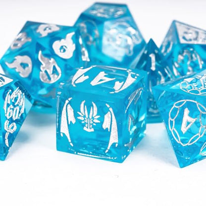 Cusdie 7-Piece Sharp Edges DND Dice Set with Dragon Pattern - Perfect for Tabletop RPGs Board Games Gifting and Collecting(Transparent Blue/Silver Number) - color: Dragon Pattern Tb/S