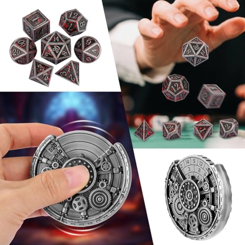 Silver Gear Fingertip Gyro + 7pcs Bloodstained Silver Polyhedral Metal DND Dice Set, Metal Dice Spinner Set, DND Starter Set, Christmas D&D Gifts with Gift Box, Role Playing Board Game Accessories - color: Bloodstained Silver