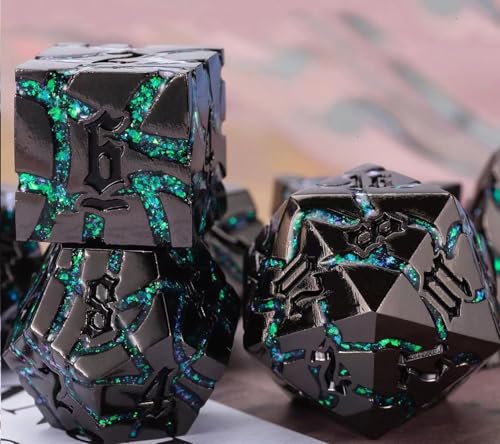 Cracked Rune Metal Dice Set for DND & RPG – Dark Fantasy Fractured Design, Premium Heavy Metal Polyhedral Dice with Deep Engraved Numbers, 7-Piece Set – Green Mystic Vein - color: Black Nickel Green