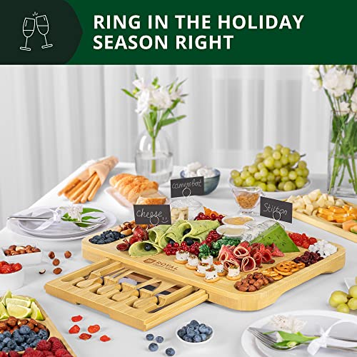 ROYAL CRAFT WOOD Bamboo Cheese Board and Knife Set with Charcuterie Board & Serving Tray with Appetizer Plates & Side Trays (17.5 x 13) - style: 5-6 Guests