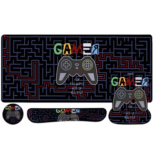 MEGREZ 4-in-1 Mouse Pad with Wrist Rest Ergonomic Memory Foam Desk Mat Set | ergonomic, anti-slip base, 4pcs set, desk pad, mouse wrist rest, keyboard rest, coaster, ideal for office & gaming - color: Black