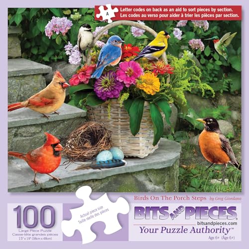 Bits and Pieces 100 Piece Puzzles for Adults - Birds on the Porch Steps - 100 Extra Large Pieces 15" x 19" Jigsaw Puzzles, Flowers, Summer, No 2 Pieces Alike - size: 100 Piece Puzzle