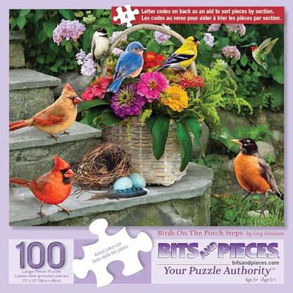 Bits and Pieces 100 Piece Puzzles for Adults - Birds on the Porch Steps - 100 Extra Large Pieces 15" x 19" Jigsaw Puzzles, Flowers, Summer, No 2 Pieces Alike - size: 100 Piece Puzzle