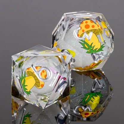 OUKELANWO Liquid Core Mushroom DND Dice Set D&D, 7Pcs Resin Sharp Edge Dice with Gift Box, Dungeons Dragons D and D Role Playing Gaming Dice D20 D12 D10 D8 D6 D4, White and Yellow - color: White and Yellow