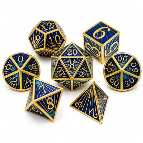 Radiant Array Metal DND Dice Set, 7-Piece RPG Dice | Solid zinc alloy dice with weighty feel, raised numbers, blue gold cosmic design, and a collector box for RPG play. - color: Blue