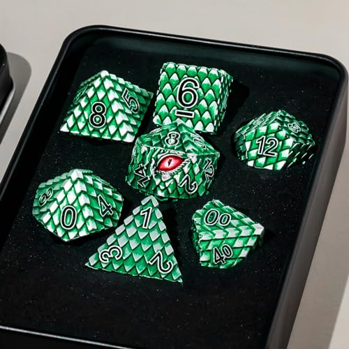 Dragon Eye Metal Dice Set, 7 Pcs Dragon Scale Metallic Dice, Gift Box for Dungeons & Dragons Tabletop Game (Green Dragon Scale & Red Eye) - color: Green Dragon Scale & Red Eye