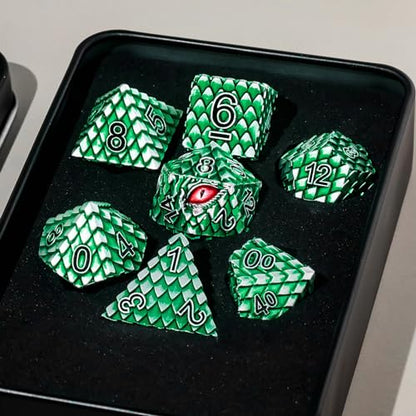 Dragon Eye Metal Dice Set, 7 Pcs Dragon Scale Metallic Dice, Gift Box for Dungeons & Dragons Tabletop Game (Green Dragon Scale & Red Eye) - color: Green Dragon Scale & Red Eye