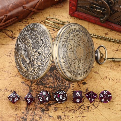 Mini DND Dice Set with Steampunk Dragon Large Pocket Watch Shell Case, 7-Piece Polyhedral Acrylic D&D Dice, DND Gift Bag with Dragon Logo, Role Play Board Game Accessories, Bronze + Purple - color: Bronze + Purple