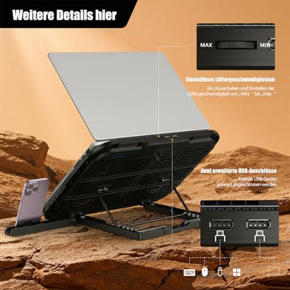 Laptop Cooling Pad with 3 Quiet Fans, 5-Level Height Adjustable Ergonomic Stand, 2 USB Ports & Phone Holder, Fits 12-17 Inch Laptops, Family-Friendly for Gaming/Work/Online Class,