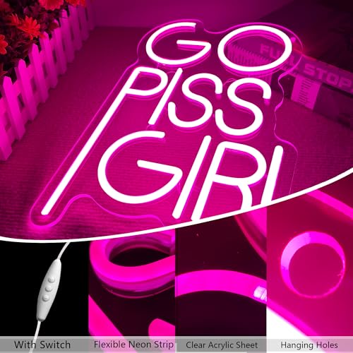 GO PISS GIRL Neon Sign Funny Dimmable LED Light Up Sign Pink Aesthetic Pop Culture Wall Decor for Dorm Room, College Apartment, Bathroom, Party, Birthday Gift, USB Powered(14.5 * 10.6in) - style: Pink Girl