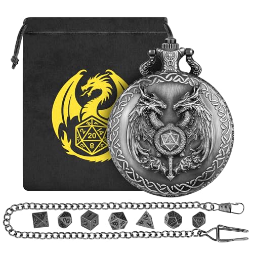 Mini DND Dice Set with Wand and Double Dragon Head Pocket Watch Shell Case, DND Starter Set, 7pcs Polyhedral Mini Metal Dice Set, D&D Gifts with Gift Bag, Role Playing Board Game Accessories, Silver - color: Dark Silver