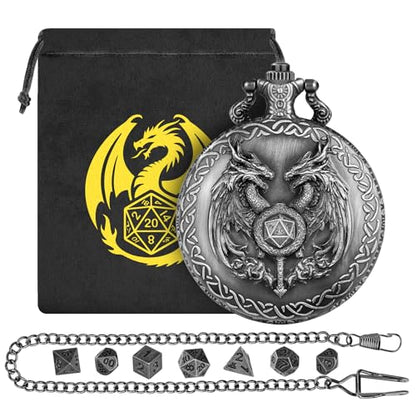 Mini DND Dice Set with Wand and Double Dragon Head Pocket Watch Shell Case, DND Starter Set, 7pcs Polyhedral Mini Metal Dice Set, D&D Gifts with Gift Bag, Role Playing Board Game Accessories, Silver - color: Dark Silver