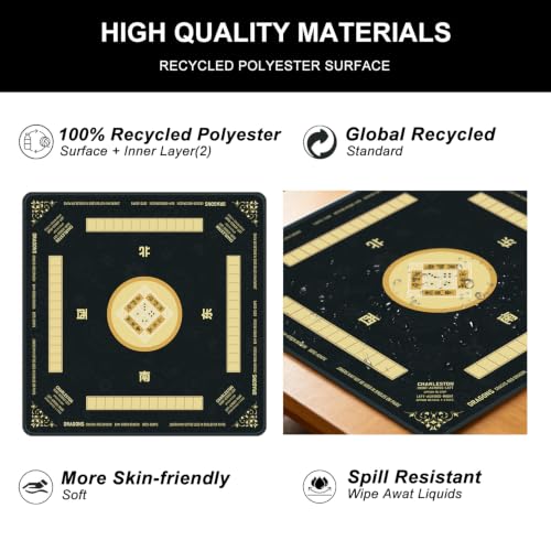 Black Mahjong Mat for Table with Rules, 31.5" x 31.5" Noise Reduction Non Slip Waterproof Mah Jong Table Mat with Carrying Bag, Suitable for Mahjong, Poker, Board Games, Dominoes, and Card Games - color: Black