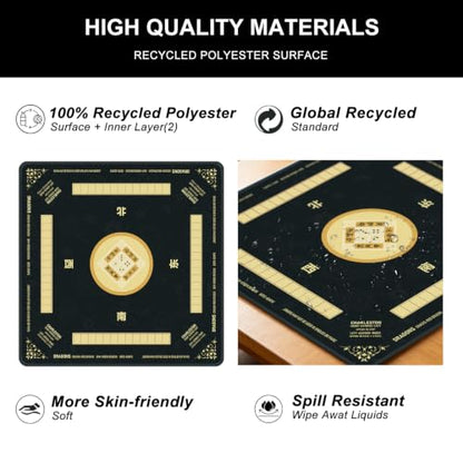 Black Mahjong Mat for Table with Rules, 31.5" x 31.5" Noise Reduction Non Slip Waterproof Mah Jong Table Mat with Carrying Bag, Suitable for Mahjong, Poker, Board Games, Dominoes, and Card Games - color: Black