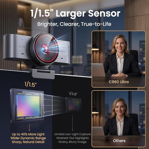 EMEET C960 Ultra 4K Webcam for Mac & PC, 1/1.5" Large Sensor, Metal Body | 0.2s Autofocus, DRC, Whiteboard Mode, Built-in Privacy Cover, 2 Mics, USB Webcam 4K for Meetings, Streaming, Content Creation - style: 4K Ultra