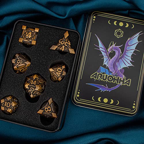 ARUOHHA DND Metal Dice Set Crystal Shards Dice with Gift Box, 7PCS Antique Gold Polyhedral Dice RPG Role Playing Game Handmade 6 Sided D and D Dice Set D20 D12 D10 D8 D6 D4 - color: Ancient Gold