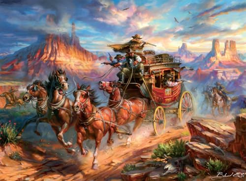 Buffalo Games – Blend COTA Wild Wild West 1000 Piece Jigsaw Puzzle, Western Action Art Puzzle for Adults in Premium Gift Box | Poster Included, Precision-Cut Fit, Drawer-Style Box, Wild West Stagecoach Chase, Adult Puzzles 1000 Pieces