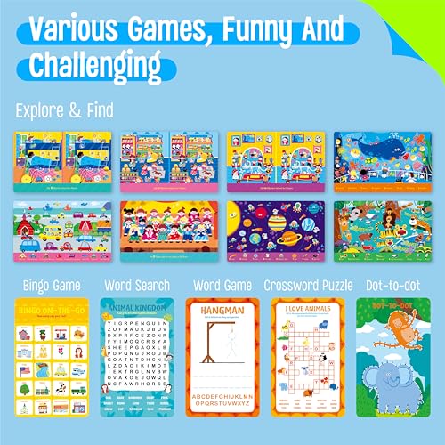 2 Travel Game Pads, 61 Dry Erase Activities Games Reusable & Erasable Book, Fun Explore & Find Brain Challenge Games Interesting Educational Toy and Learning Tool for Road Trip Airplane Travel - style: Comprehensive Games+Explore & Find