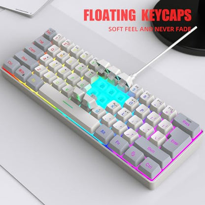 Snpurdiri 60% Wired Gaming Keyboard, 61 Keys RGB Backlit Small Gaming Keyboard for PC/Mac Gamer, Typist, Travel, Easy to Carry on Business Trip(Grey-White) - color: Grey and White