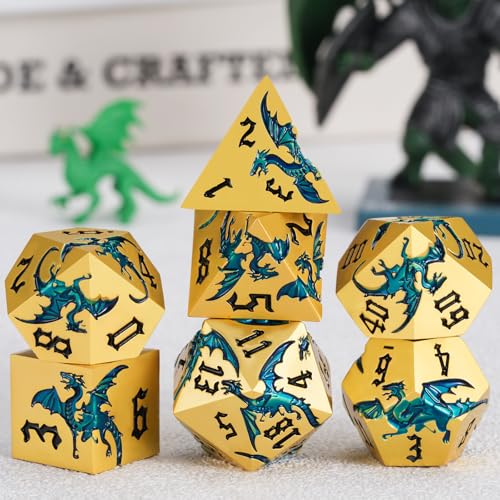 Dungeons and Dragons Dice D&D Metallic Dragon Sharp Edged Dice Set with Box, Polyhedral DND Role Playing Game D and D Dice Set D20 D12 D10 D8 D6 D4 Pearl Gold Blue - color: Dragon-pearl Gold Blue