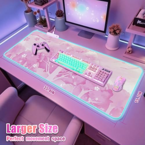 RGB Mouse Pad for Gaming I Large Mousepad with 14 Led Modes I Keyboard Pad Gaming Desk Mat I Non-Slip Rubber Base Mouse Mat I 900x400x4mm Waterproof Mousepad for Women Girl Gamer I Light Pink - color: Light Pink