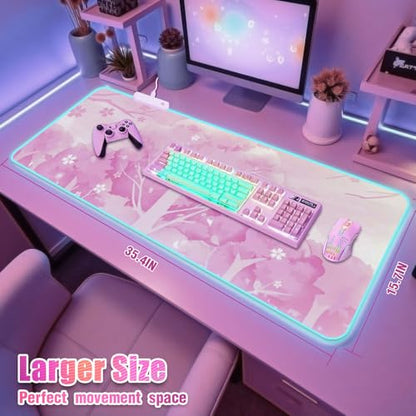 RGB Mouse Pad for Gaming I Large Mousepad with 14 Led Modes I Keyboard Pad Gaming Desk Mat I Non-Slip Rubber Base Mouse Mat I 900x400x4mm Waterproof Mousepad for Women Girl Gamer I Light Pink - color: Light Pink