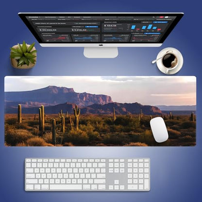 Saguaro Scenery Large Mouse Pad, Arizona Desert Landscape Desk Mat | 31.5" x 11.8", Cactus Mountain in Spring Wilderness, Gaming/Office Stitched Keyboard Mat, Smooth Surface Anti-Slip Base - color: Arizona Desert Landscape